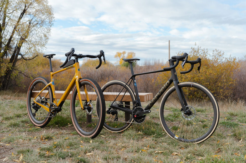 Cervelo Aspero gravel bike next to the Cervelo R5 road bike